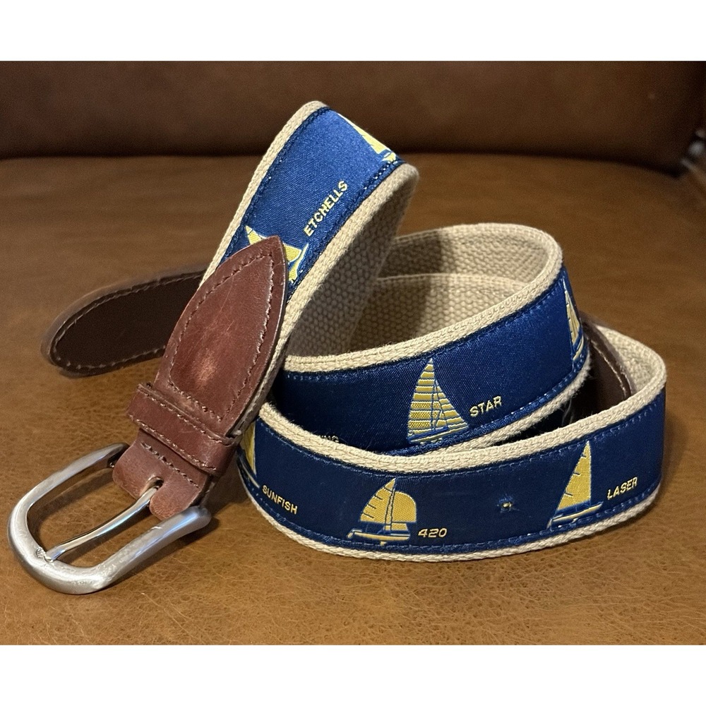 Belted Cow Co Nautical Sailboat Ribbon Club Belt Mens 44 Leather Preppy Yacht - Picture 1 of 7